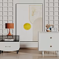 Modern White Bedside Tables Featuring Orange Table Lamp And Abstract Art On White Grid Wall