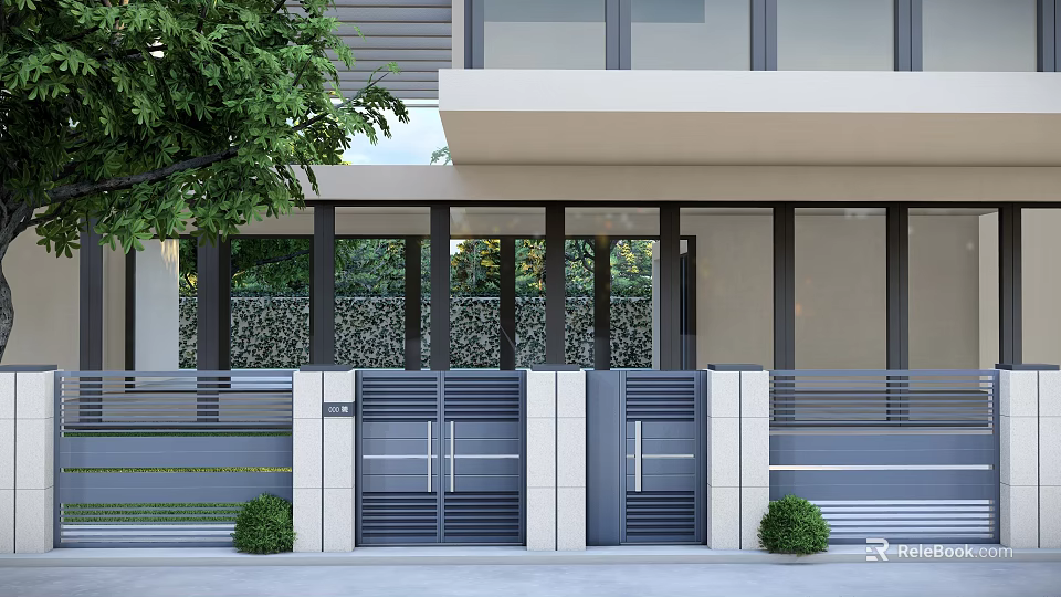 Modern Entrance Gate Design With Double Doors Greenery And Pillars For House Exterior 3d model 