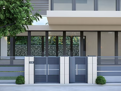 Modern Entrance Gate Design With Double Doors Greenery And Pillars For House Exterior 3d model