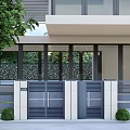 Modern Entrance Gate Design With Double Doors Greenery And Pillars For House Exterior