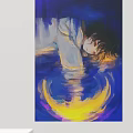 Portrait Painting of a Teenager with Dark Hair Yellow Light Halo on Blue Purple Water