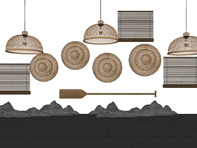 Rustic Garden Ornaments with Woven Lampshades Round Decorations Bamboo Screens Wooden Oar and Distant Mountains 3d model