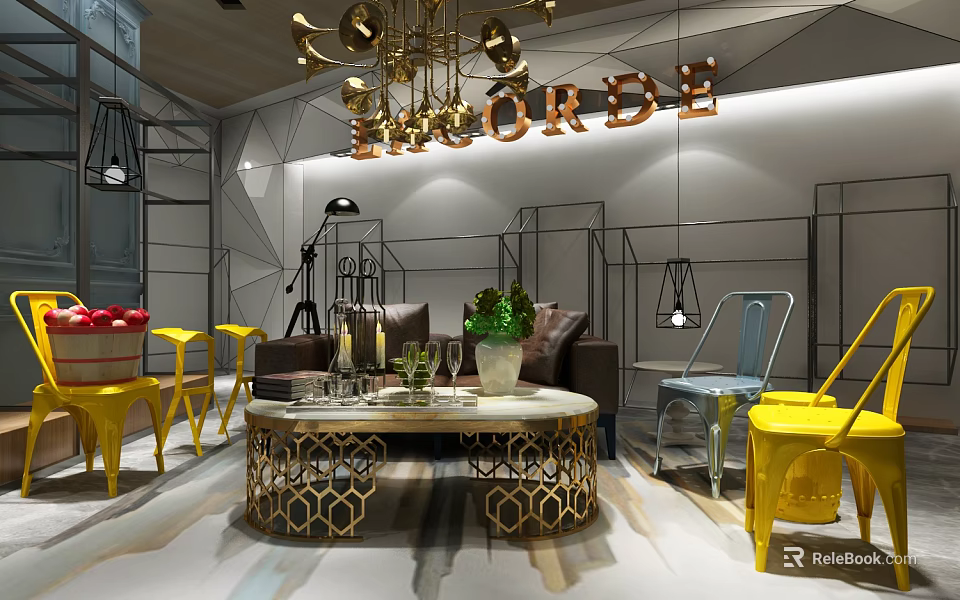 Elegant Sofa And Coffee Table Set With Gold Geometric Design Green Plant Yellow Chairs 3d model 