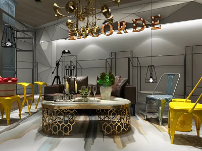 Elegant Sofa And Coffee Table Set With Gold Geometric Design Green Plant Yellow Chairs 3d model