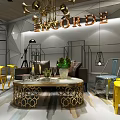 Elegant Sofa And Coffee Table Set With Gold Geometric Design Green Plant Yellow Chairs