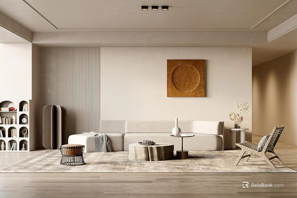Modern Living Room Interior Design With Beige Sofa Round Brown Wall Art And Wooden Flooring 3d model 