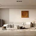 Modern Living Room Interior Design With Beige Sofa Round Brown Wall Art And Wooden Flooring