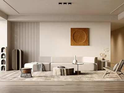 Modern Living Room Interior Design With Beige Sofa Round Brown Wall Art And Wooden Flooring 3d model