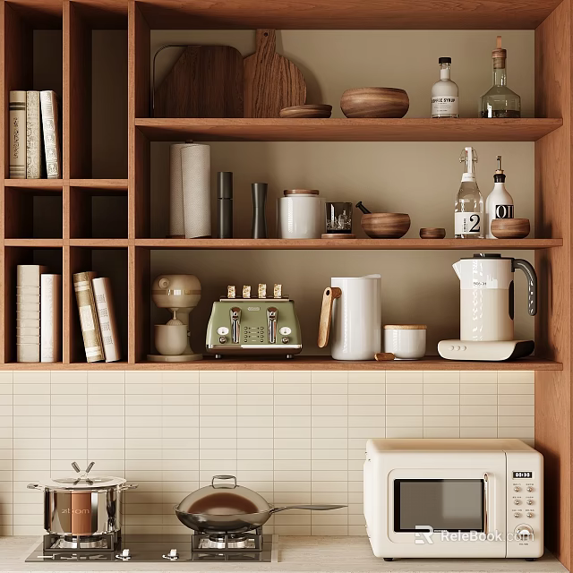 Stylish Kitchen Wooden Shelves Tableware Collection With Bowls Cups Jars Kettles And Decorative Bottles 3d model 