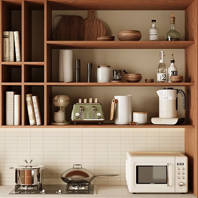 Stylish Kitchen Wooden Shelves Tableware Collection With Bowls Cups Jars Kettles And Decorative Bottles 3d model