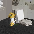 Books on Dark Wooden Desk with Yellow Flowers Vase and Wall Collage Near Window Blinds