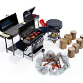 Outdoor Grilling Setup With Grills Bonfire And Wooden Stump Seating