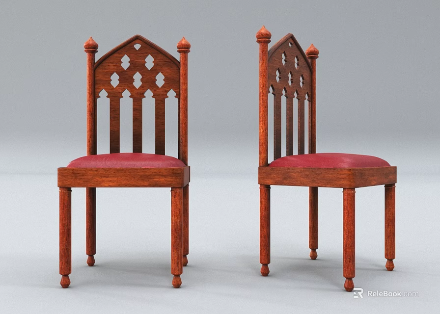 Classic Wooden Single Chairs With Carved Backrest And Red Padded Seats 3d model 