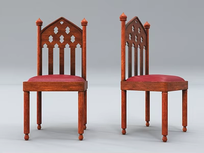 Classic Wooden Single Chairs With Carved Backrest And Red Padded Seats 3d model