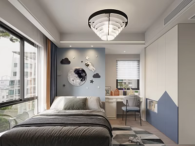 Bright Kids Bedroom With Playful Wall Decor Study Desk And Wardrobe 3d model
