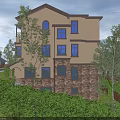 Detached Villa Exterior Design With Stone Walls Glass Windows Balcony Lawn And Trees