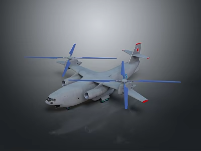 Airplane With Four Blue Propellers Large Fuselage And Red Logo On Tail In Gray Background 3d model