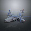 Airplane With Four Blue Propellers Large Fuselage And Red Logo On Tail In Gray Background