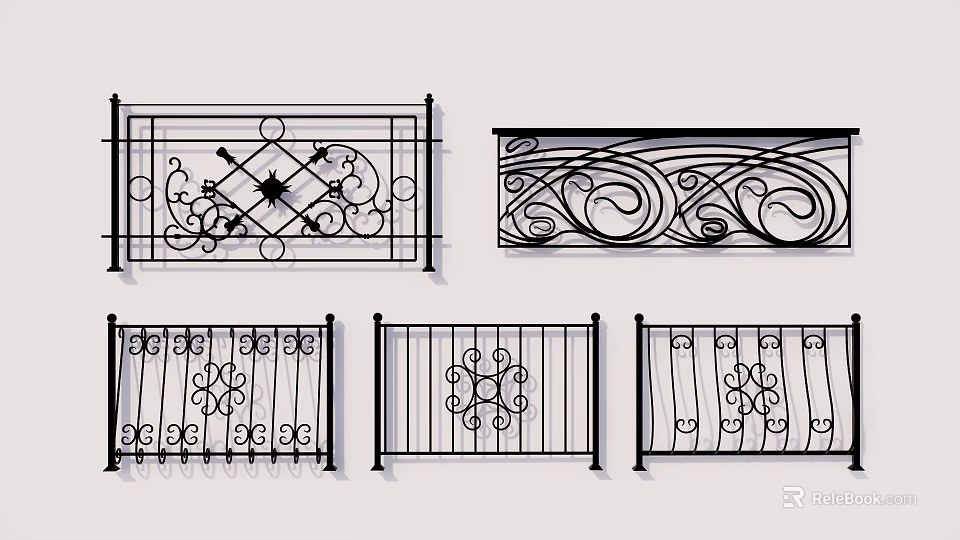 Various Styles Of Decorative Iron Fence With Artistic Scroll And Floral Patterns 3d model 