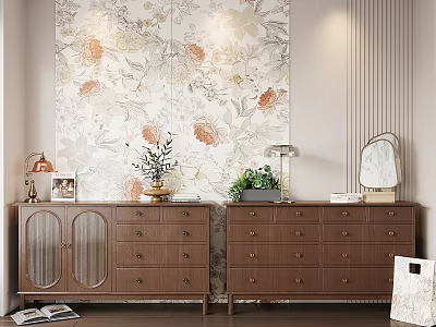 Modern Wooden Entryway Cabinet And Sideboard Interior With Drawers Plants Mirror And Lamp 3d model