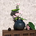 Pink Lotus Flowers In Dark Ceramic Vase On Wooden Cabinet With Gray Textured Wall