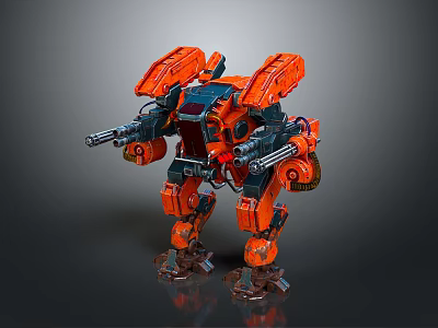 Orange Armored Battle Mech Warrior With Mechanical Arms And Twin Cannons 3d model
