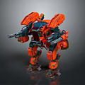 Orange Armored Battle Mech Warrior With Mechanical Arms And Twin Cannons