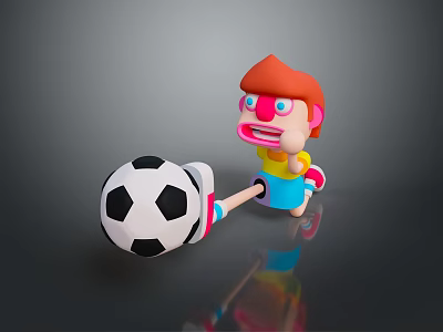 Cartoon Character Playing With Black And White Soccer Ball Toy On Gray Reflective Surface 3d model