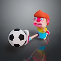 Cartoon Character Playing With Black And White Soccer Ball Toy On Gray Reflective Surface