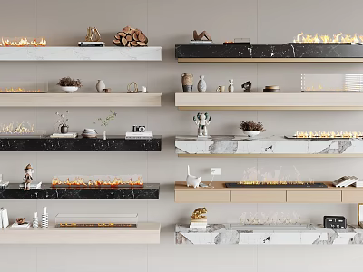 Various Modern Fireplace Designs With Marble Wood Shelves And Decorative Ornaments 3d model