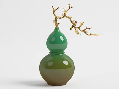 Green Gourd Shaped Vase With Golden Branches Yellow Flowers And Colorful Bird 3d model