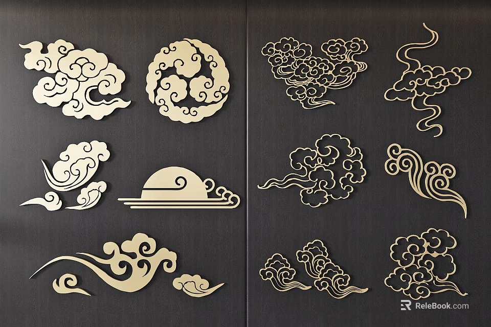 Chinese Traditional Golden Cloud Moon Pattern Artistic Decorative Wall Ornaments 3d model