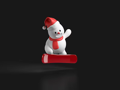Cute White Bear In Santa Hat With Red Scarf On Red Skateboard Black Background 3d model
