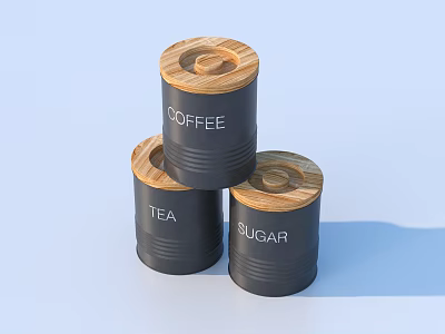Black Coffee Tea Sugar Storage Containers With Wooden Lids On Blue Background 3d model