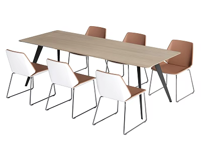 Modern Wooden Conference Table With Six White And Brown Metal Leg Chairs 3d model