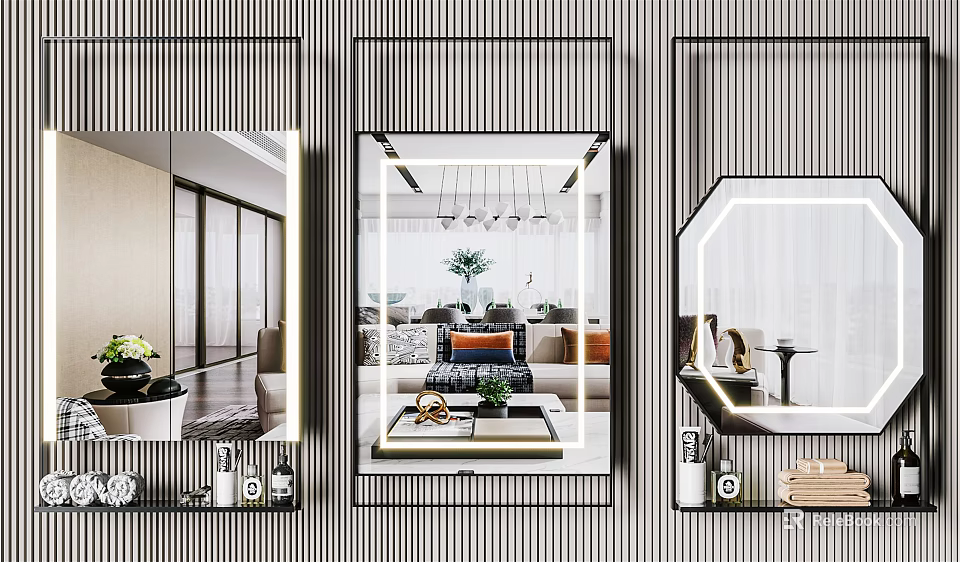 Elegant Modern Mirrors with Striped Frames and Illuminated Edges in Living Room Decor 3d model 