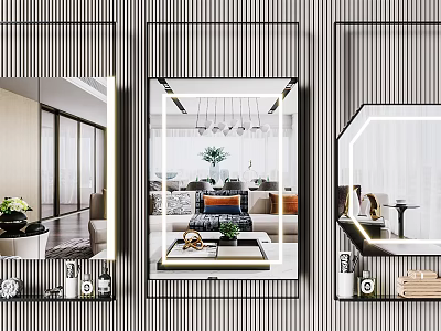 Elegant Modern Mirrors with Striped Frames and Illuminated Edges in Living Room Decor 3d model