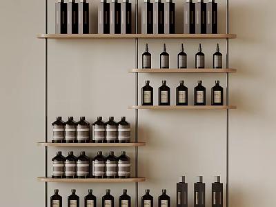 Elegant Home Decor Wooden Shelf With Various Stylish Bottles On Multiple Layers 3d model