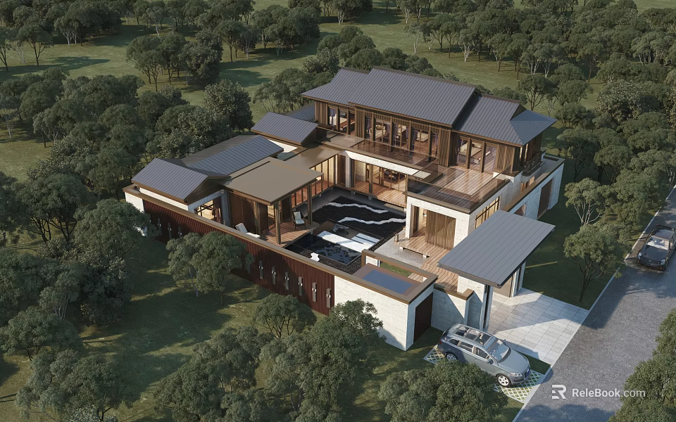 Scenic Luxury Detached Villa in Lush Greenery with Modern Chinese Design and Terrace 3d model 