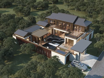 Scenic Luxury Detached Villa in Lush Greenery with Modern Chinese Design and Terrace 3d model