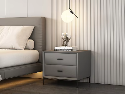 Modern Gray Nightstand With Two Drawers Books Figurine And Hanging Lamp 3d model