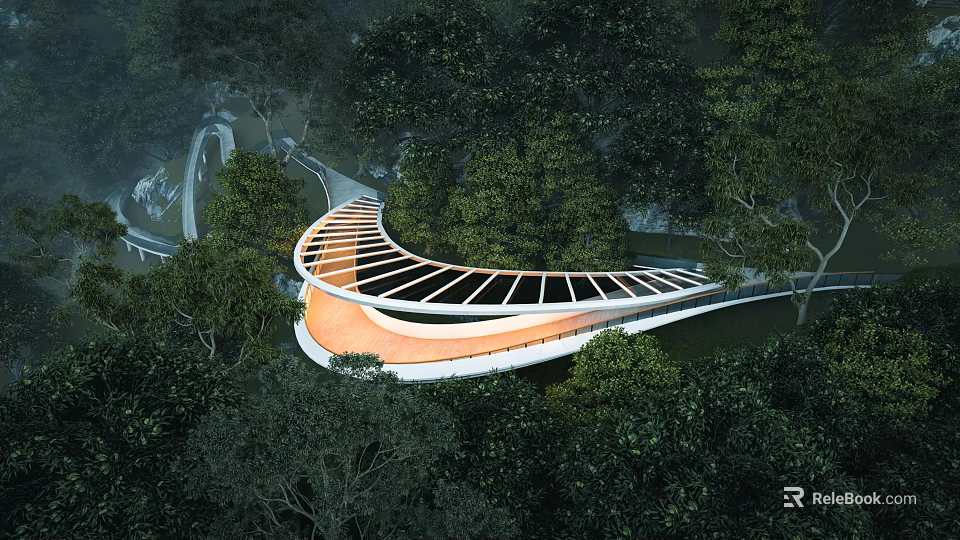 Modern Curved Landscape Bridge Amidst Lush Forest With Glass Roof Design 3d model 