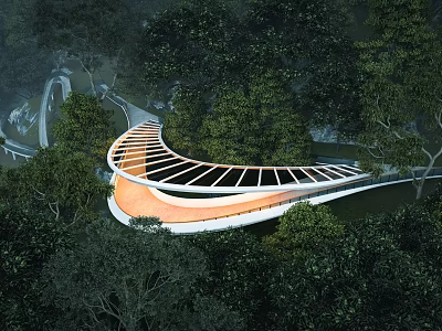 Modern Curved Landscape Bridge Amidst Lush Forest With Glass Roof Design 3d model