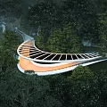 Modern Curved Landscape Bridge Amidst Lush Forest With Glass Roof Design
