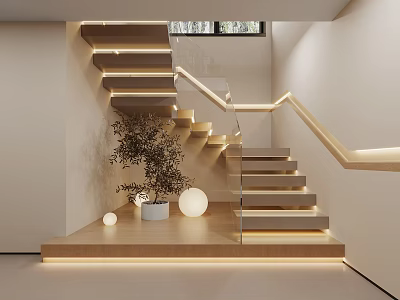 Modern Wooden Staircase With Edge Lighting Glass Railing Potted Plant And Round Lamps 3d model
