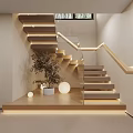 Modern Wooden Staircase With Edge Lighting Glass Railing Potted Plant And Round Lamps
