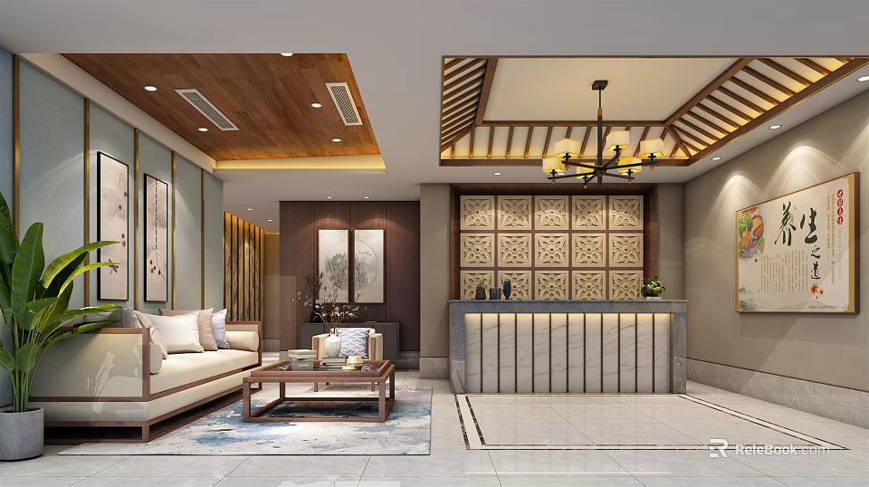 Chinese Style Store Front Desk With Wooden Lattice Wall Chandelier And Sofa Seating Area 3d model 