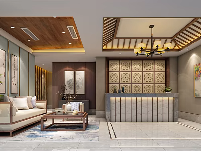 Chinese Style Store Front Desk With Wooden Lattice Wall Chandelier And Sofa Seating Area 3d model