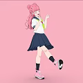 Anime Woman With Pink Hair White Top Green Scarf In Happy Dancing Pose Pink Background