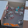 Indoor Dining Area With Red Decorations Orange Benches Dark Flooring And Lighting Fixtures